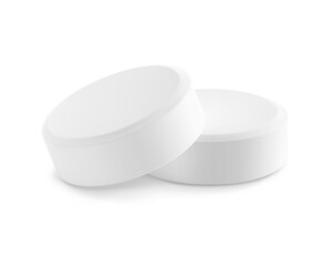 Realistic round tablet mockup isolated on white background. Vector illustration. Can be used for pharmacy and cosmetic. Mockup versatile for health and wellness projects. EPS10.