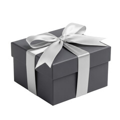 Obraz premium Single, luxurious charcoal grey matte square gift box with silver silk ribbon, minimalist knot, isolated on white, soft diffused studio lighting, concept of luxury and elegant gifting