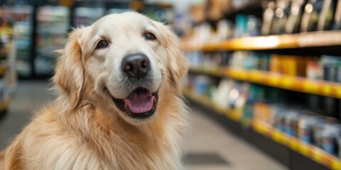 Happy golden retriever in a pet supply store exploring the aisles for treats and toys during the day
