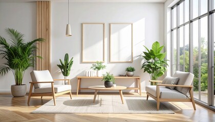 Fototapeta premium Mock up poster frames in modern Scandinavian living room interior with natural light, indoor plants, wooden furniture, 3D render, 3D illustration