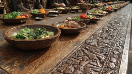 Long wooden table laden with bowls of food, intricately carved details along its length
