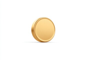 Glossy gold coin with rim, viewed at an angle, casting a soft shadow on a white background