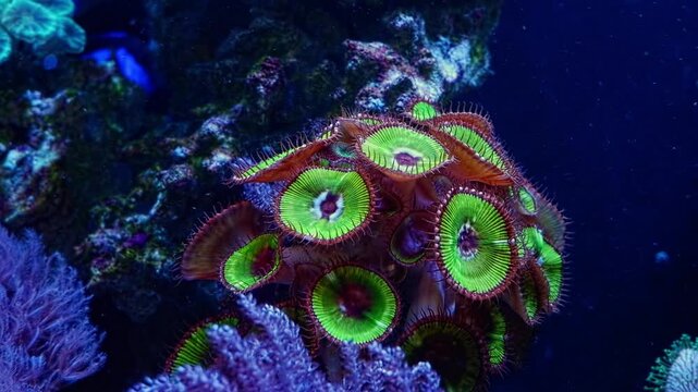 Palythoa grandis soft coral move disc in water flow, fluorescent animal colony, coquina live rock, easy pet for beginner aquarist, LED blue light, nano reef marine aquarium, mental psychological relax