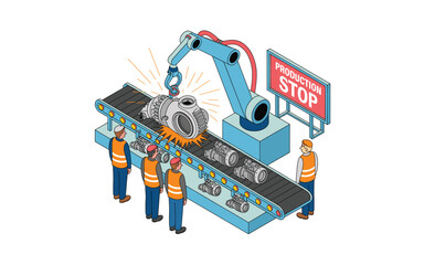 Production line malfunction with robotic arm, workers and production stop sign, industrial automation and maintenance concept, isolated on white background isometric view.