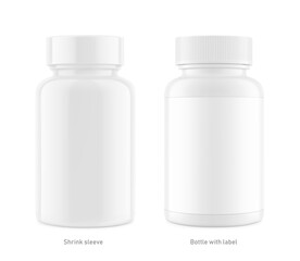 Plastic bottle mockup. Can be used for medical, sport nutrition. Vector illustration isolated on white background. Ready for your design. EPS10.