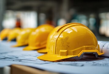 Multiple yellow safety helmets arranged on a wooden in an industrial setting