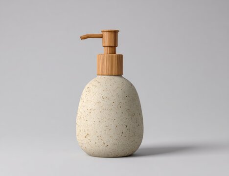 Textured cream-colored lotion dispenser with a wood pump on a plain background