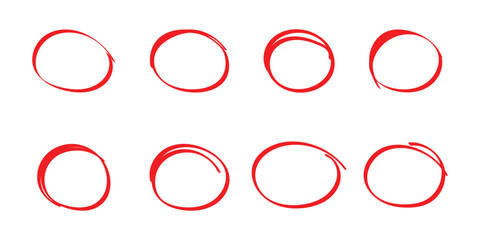 Red hand drawn doodle circle on isolated white background. 8 different shapes circle icon on white background. Isolated red line circle set. Vector isolated doodle icon set. EPS 10. 