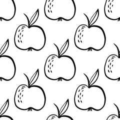 whole apples seamless pattern drawn in simple black line art on white background for textile wrapping wallpaper packaging concept of fruit nutrition, food market, organic lifestyle