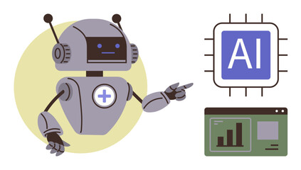 Robot explaining advanced AI technology with integrated processor and performance analytics. Ideal for innovation, technology, education, automation, data science, machine learning, healthcare