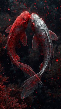 Red and white koi symmetry, romantic fish digital art
