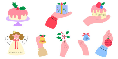 set of Christmas cake, angel, hand holding bell, holly leaves and berry, ornament, gift