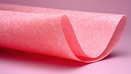 Textured, semi-transparent pink sheet curls across the frame against a matching background, soft light emphasizing delicate fibers