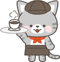 ホットコーヒーを運ぶサバトラネコのカフェ店員