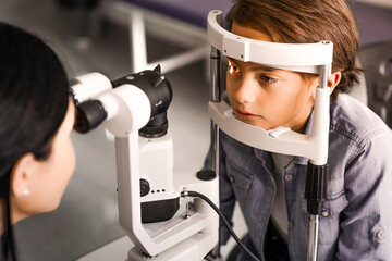 Female doctor ophthalmologist doing basic eye examination of cute boy in modern clinic. Caucasian...
