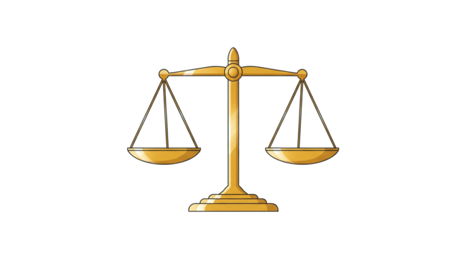 Minimal flat abstract illustration featuring golden balance scale symbolizing fairness, equality, and justice. Perfect for corporate and legal use.