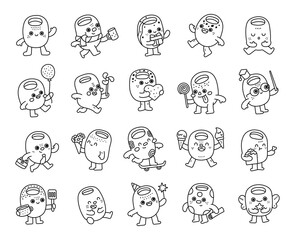 Olive character set in outline line art with different emotions and poses holding objects for holiday, party, celebration and festive occasions perfect for your illustration