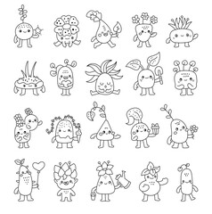 Spirit nature character set in outline line art with fantasy woodland plants holding heart, gift, flower, balloon, watering can, ice cream and friendly emotions for your designs projects