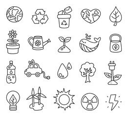 Fototapeta premium Ecology nature outline set featuring planet earth, recycling symbols, energy sources, animal, water, pollution, climate solutions and environmental protection elements for your projects
