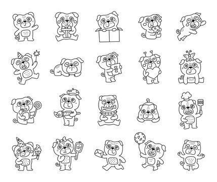 Pug character set in outline line art showing many funny emotions and different poses including birthday celebration, valentine, cooking, sleeping, eating, yoga and activities