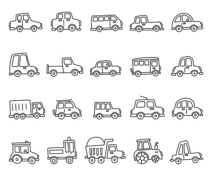 Transport set in outline line art with different automobile types and vehicle shapes for your automobile illustration and creative urban commute design projects