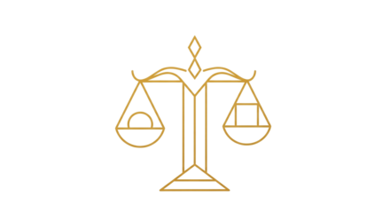 Minimal flat abstract illustration featuring golden balance scale symbolizing fairness, equality, and justice. Perfect for corporate and legal use.