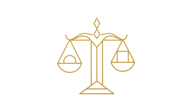 Minimal flat abstract illustration featuring golden balance scale symbolizing fairness, equality, and justice. Perfect for corporate and legal use.