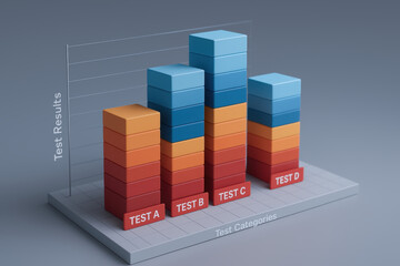 Test result comparison in industry with four categories and stacked bar chart, modern 3D style, blue and orange tones