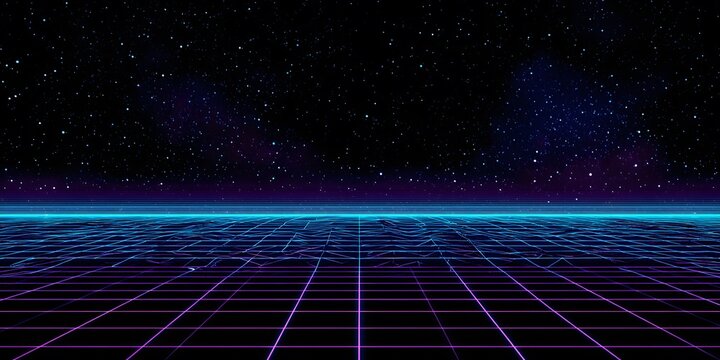 A digital grid background with neon blue and purple lines, creating an otherworldly atmosphere for a retro video game-inspired poster design
