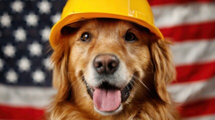 Happy golden retriever in a hard hat poses in front of an American flag during a sunny day celebration