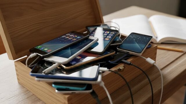 Assortment of cellphones inside wooden box on bright background. Cellphones symbolize reliance on technology and digital communication, arranged with cables in a storage container.