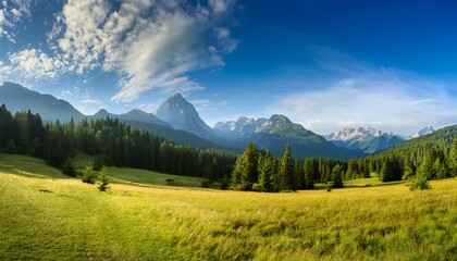 scenic landscape with grassland forest mountains and sky