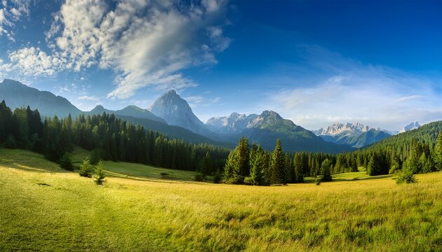 scenic landscape with grassland forest mountains and sky