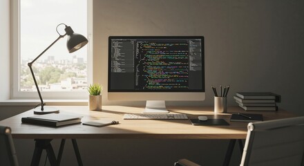 Modern desk with computer displaying code and lamp in workspace  