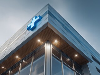 Fototapeta premium Modern hospital building with blue medical cross glowing against the sky, symbolizing health and healing for a thriving community, a beacon of hope