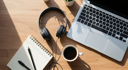 Office workspace with laptop, headphones, coffee, and notebook