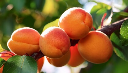 a cluster of ripe apricots on a tree in daylight