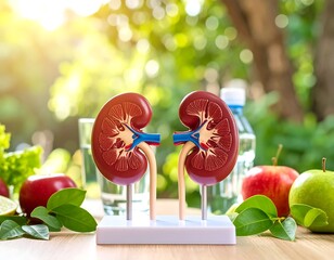 Healthy kidneys displayed with fruits and vegetables