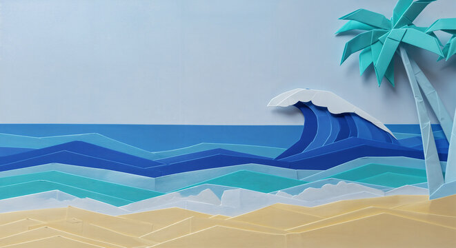 Origami style picture of beach in an island and palm trees, geneartive ai