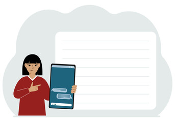 A woman holds a mobile phone with correspondence and SMS messages in his hand. Advertising, poster, place for text.