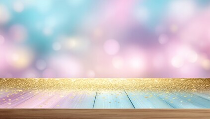 Dreamy platform. Soft blue & pink bokeh background with a matching pastel plank surface featuring glittery gold edging