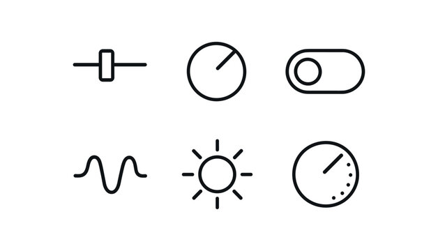 simple outline stroke icon isolated on white background: slider bar volume knob toggle switch equalizer line brightness sun adjust dial