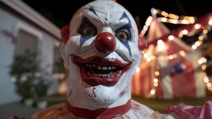 Creepy clown statue with sinister grin, eerie carnival backdrop under night lights, Halloween vibe with vintage circus theme, unsettling yet fascinating