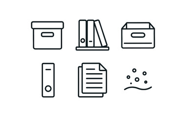 simple outline stroke icon isolated on white background: stored archive shelf row record box binder spine paper files dust line