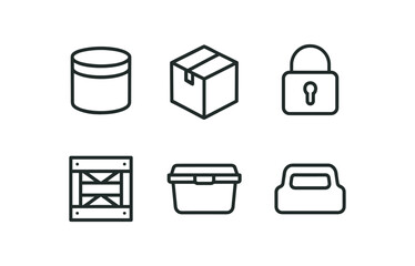 simple outline stroke icon isolated on white background: container shipping box lid lock crate lines storage symbol handle grip