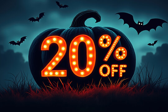 Halloween Sale Promotion with Pumpkin and Bats on Dark Background Offering 20 Percent Off