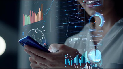 Digital Analysis on the Horizon: An individual, engrossed in digital analysis, expertly navigates a mobile device. Surrounding them are vibrant, informative data displays. Capturing modern technology. - Powered by Adobe