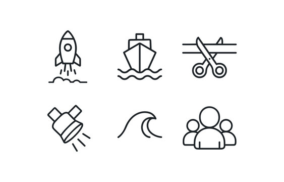 simple outline stroke icon isolated on white background: new launch ship bow wave crest ribbon cut spotlight crowd icon