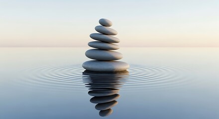 A serene stack of smooth stones rests on still water, reflecting a peaceful scene.