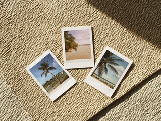 Dreamy beach getaway memories captured in polaroid prints, perfect for travel blogs, vacation promotions, and tropical destination marketing materials